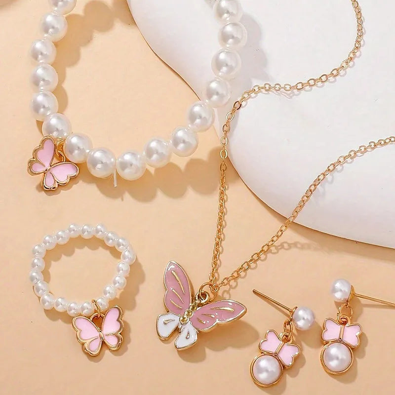 Princess Girl Butterfly Necklace Earring Set Pearl Alloy Children Jewelry Accessories Sweet Style Animal Zodiac Design