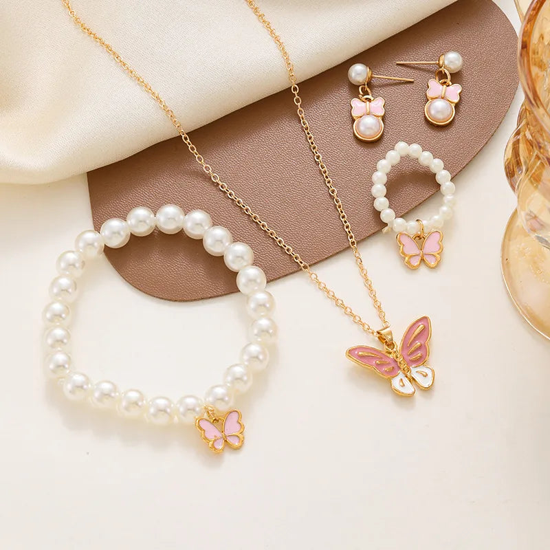Princess Girl Butterfly Necklace Earring Set Pearl Alloy Children Jewelry Accessories Sweet Style Animal Zodiac Design