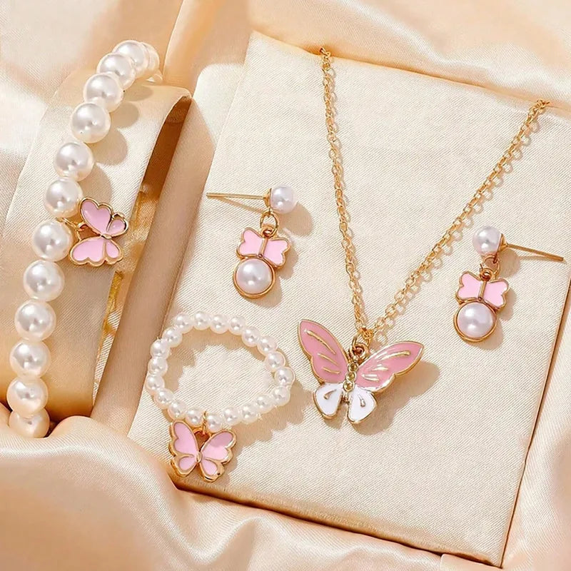 Princess Girl Butterfly Necklace Earring Set Pearl Alloy Children Jewelry Accessories Sweet Style Animal Zodiac Design