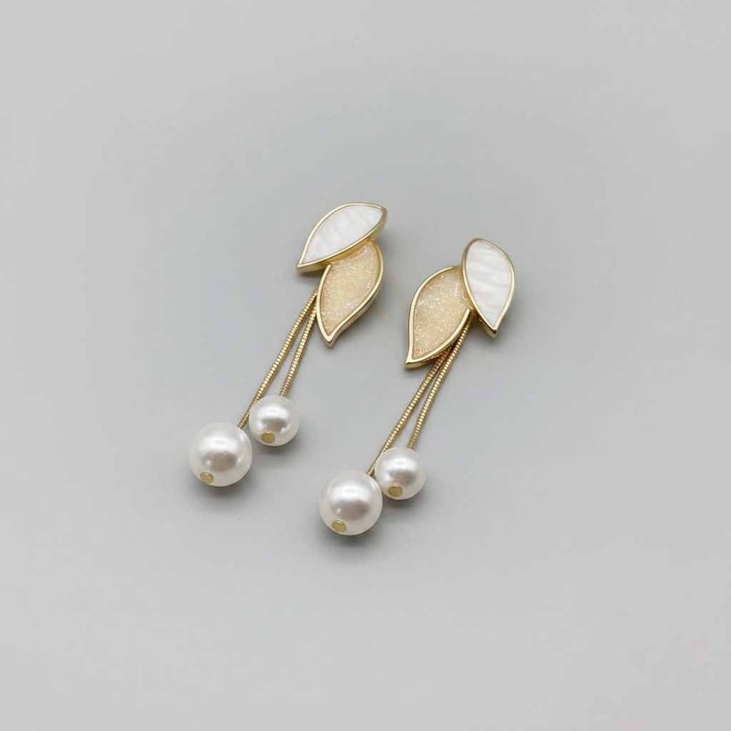 Golden Leaf Pearl Drop Earrings