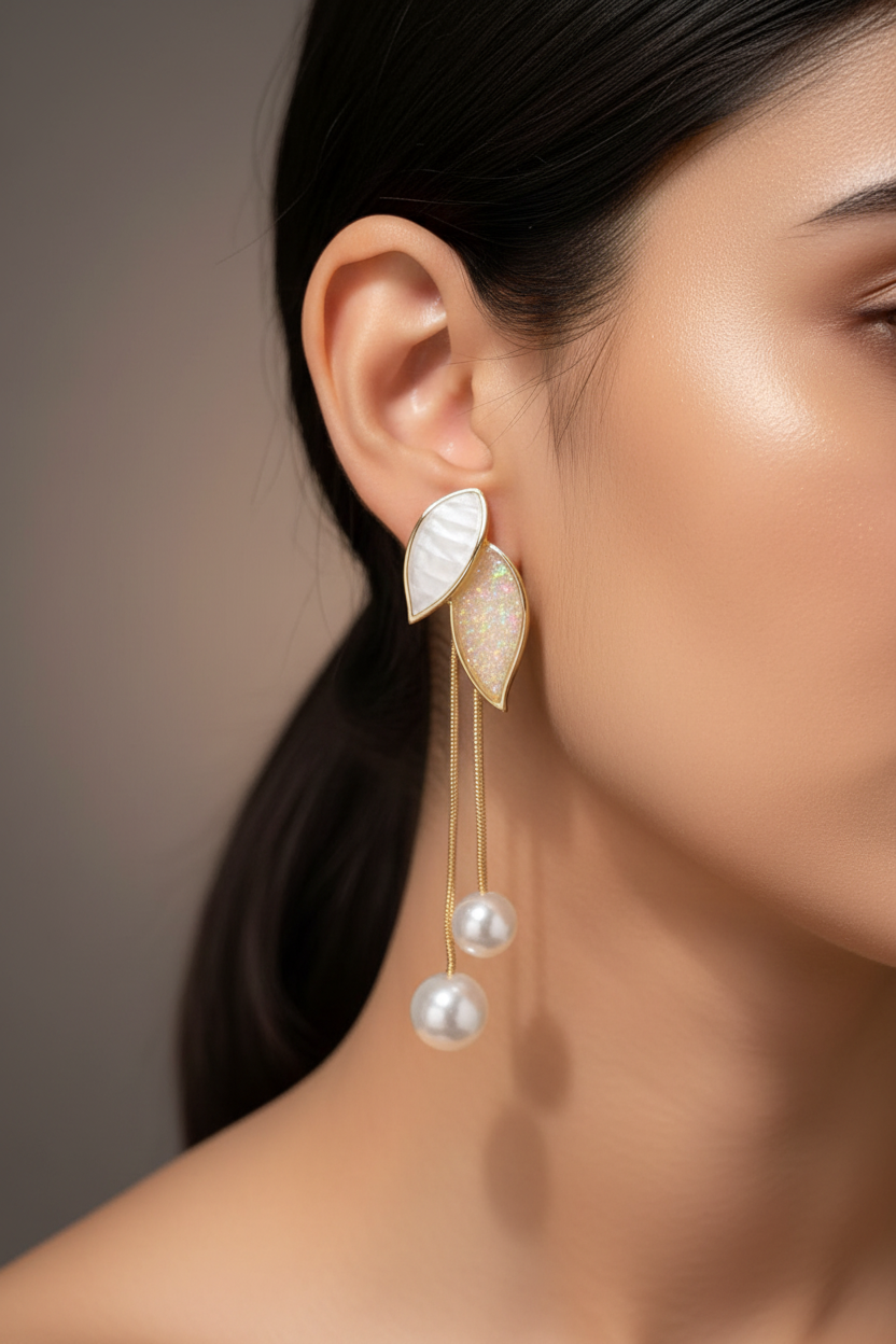 Golden Leaf Pearl Drop Earrings