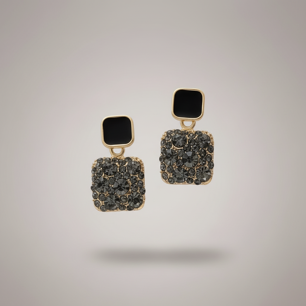 Black Crystal Square Gold-Plated Statement Drop Earrings