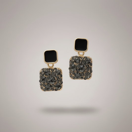 Black Crystal Square Gold-Plated Statement Drop Earrings