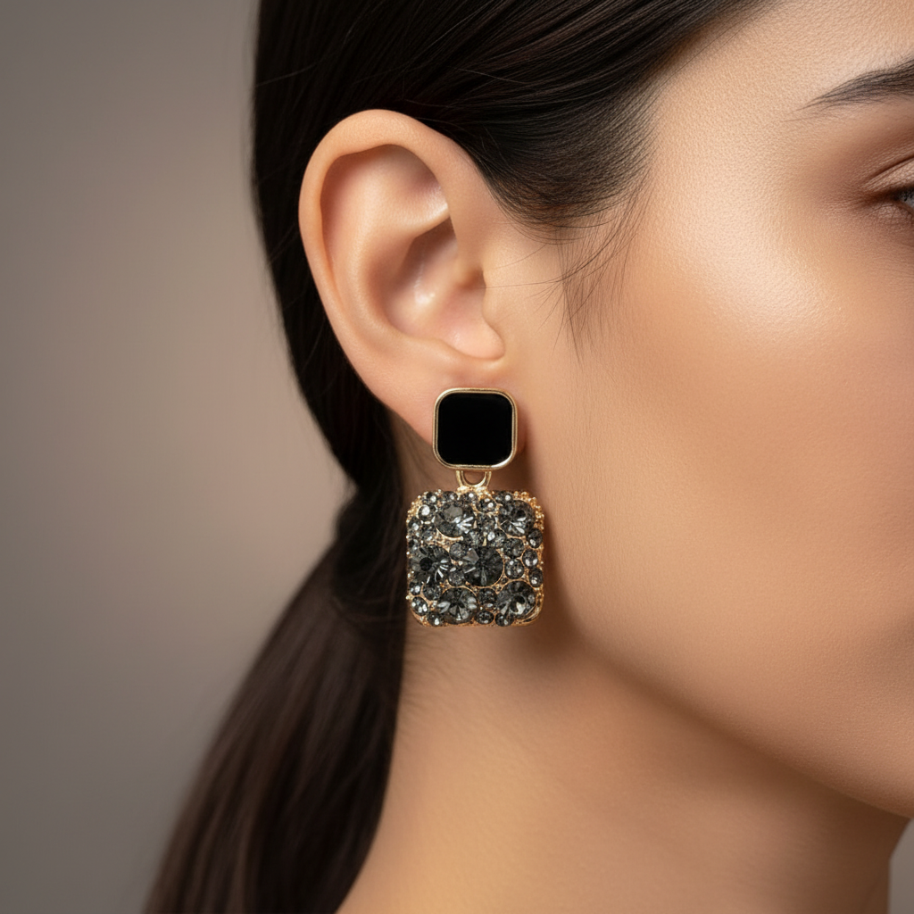 Black Crystal Square Gold-Plated Statement Drop Earrings