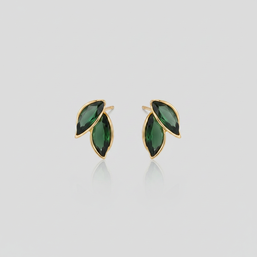 Olive Green Leaf Gold-Plated Minimal Stud Earrings