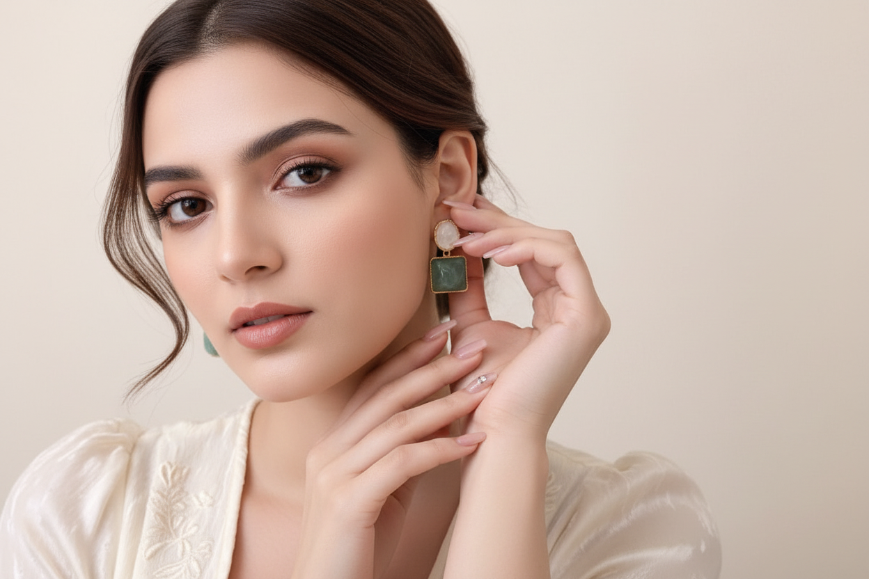 Mint Green Square Stone Gold-Plated Drop Earrings