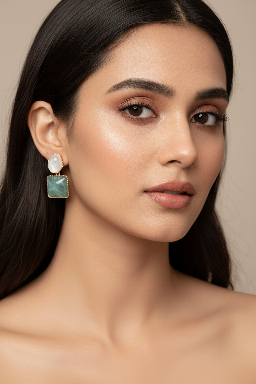 Mint Green Square Stone Gold-Plated Drop Earrings