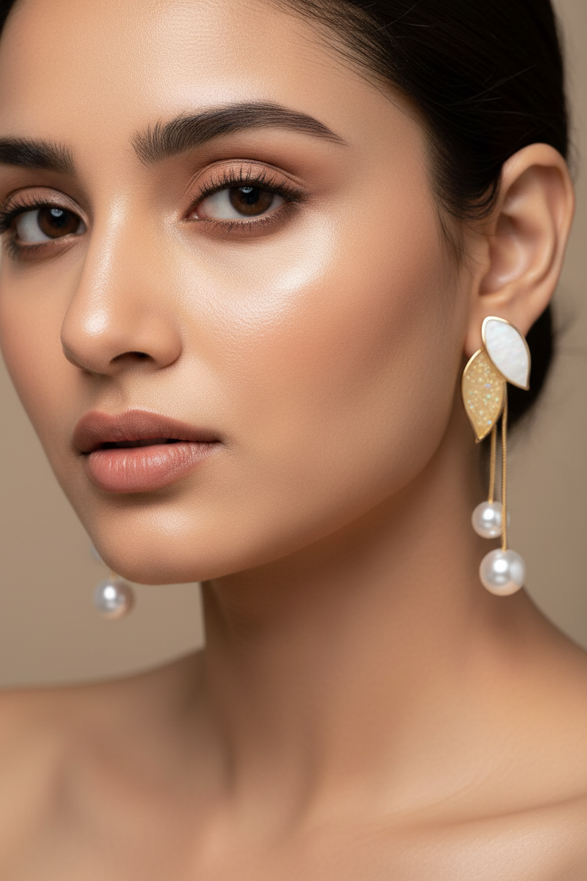 Golden Leaf Pearl Drop Earrings