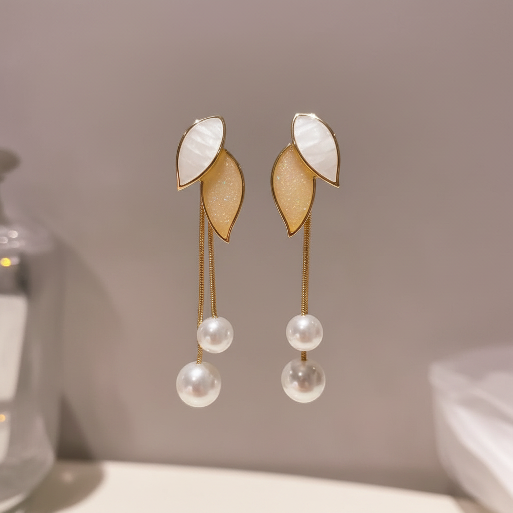 Golden Leaf Pearl Drop Earrings
