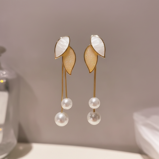 Golden Leaf Pearl Drop Earrings