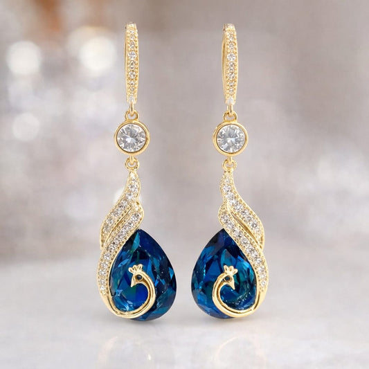 Royal Blue Teardrop Gold-Plated Peacock Drop Earrings