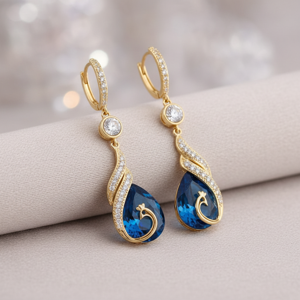 Royal Blue Teardrop Gold-Plated Peacock Drop Earrings