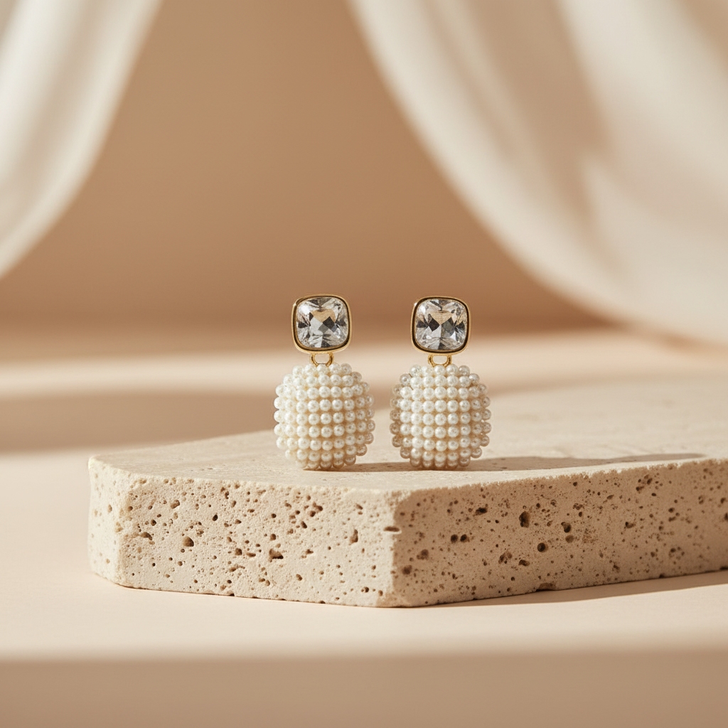 Pearl earrings on a white stand with a purple background