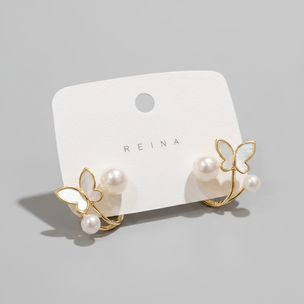 Butterfly Pearl Gold-Plated Ear Cuff Stud Earrings